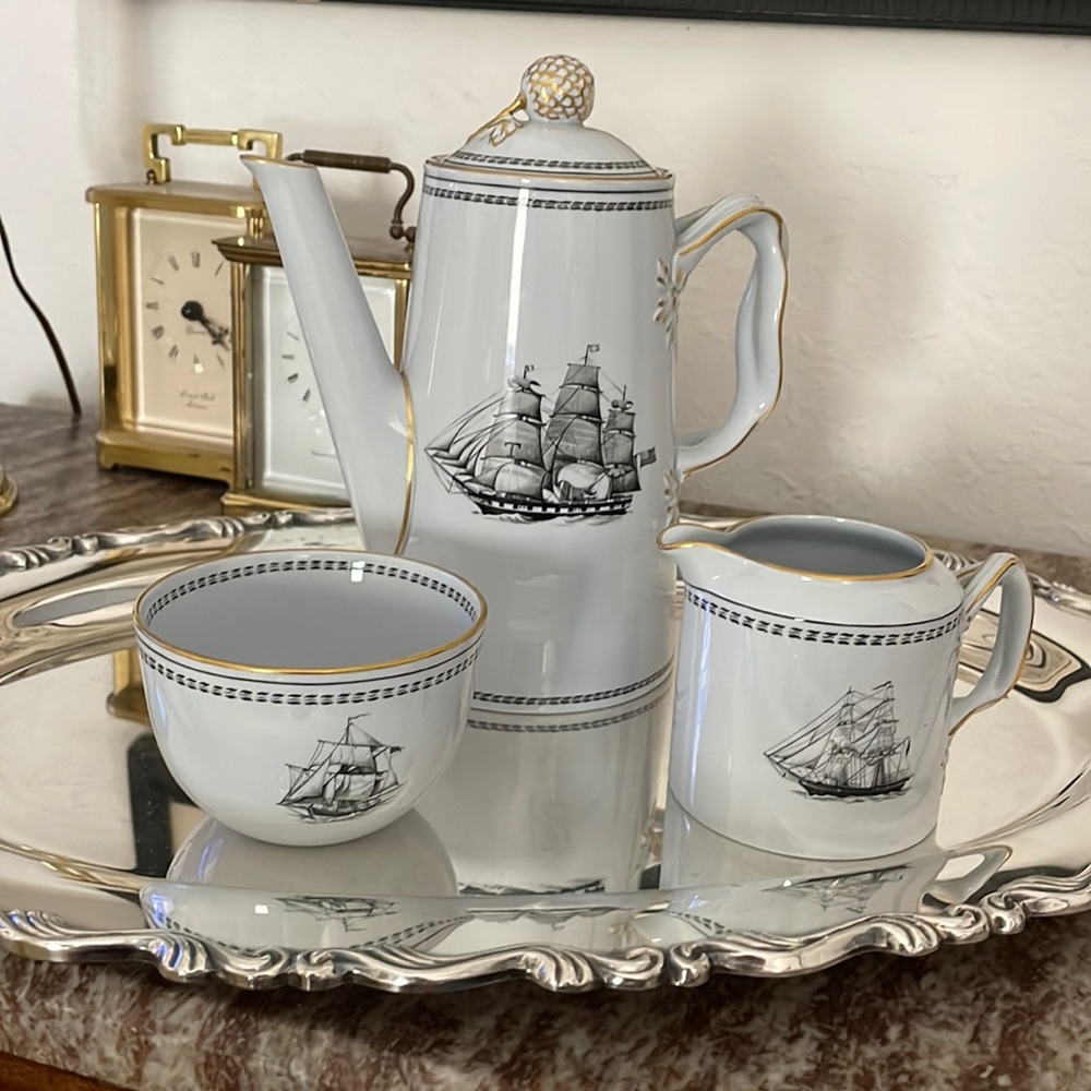 Copeland Spode Rare Black “Tradewinds”  3 piece Coffee Set Silver Serving Tray